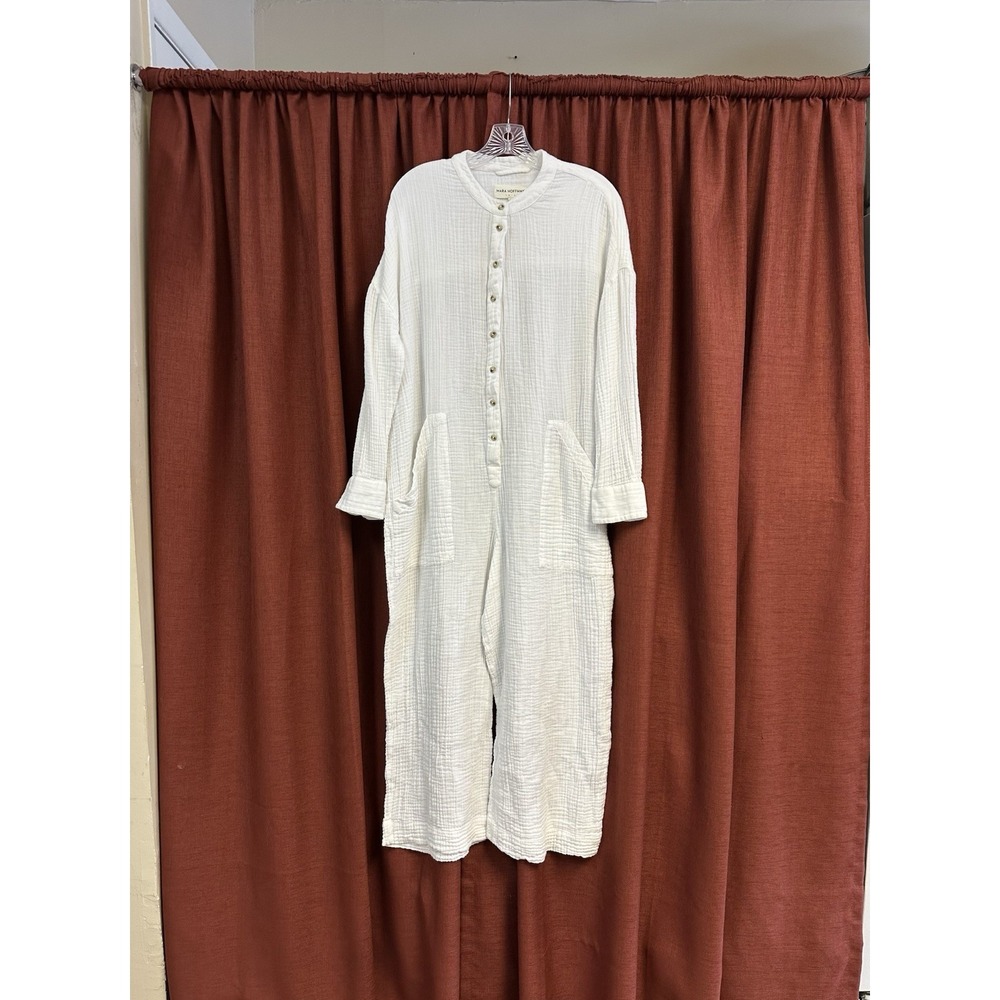 Mara Hoffman Manda Jumpsuit Size M White Cotton Wide Leg Long Sleeves Pockets